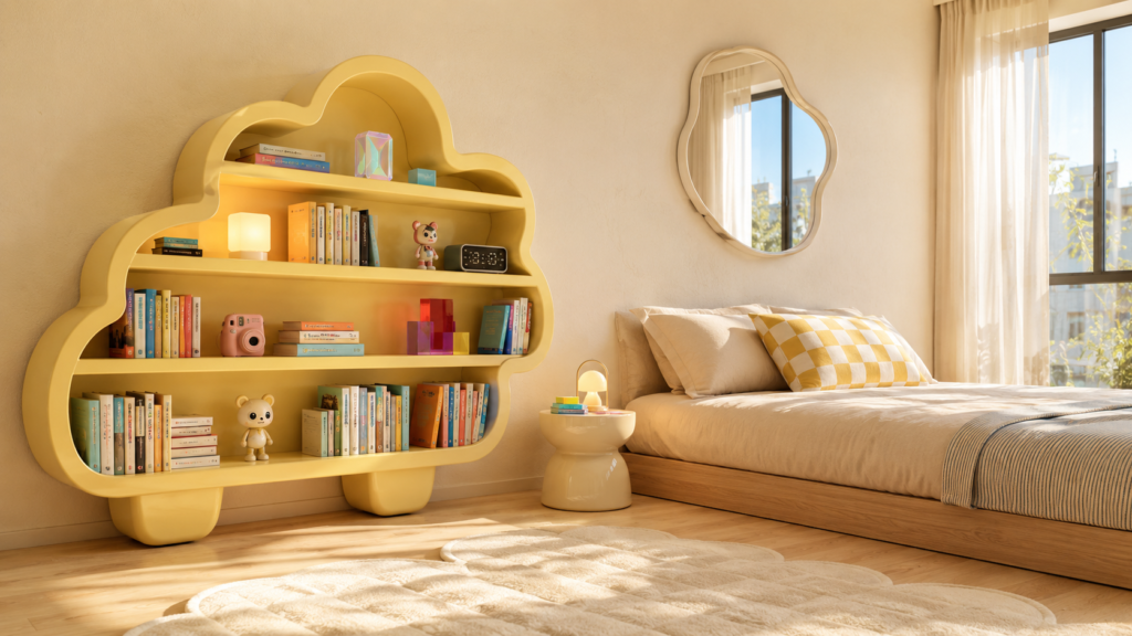 Cloud-shaped bookshelf adding playful storage beside a modern bedroom.