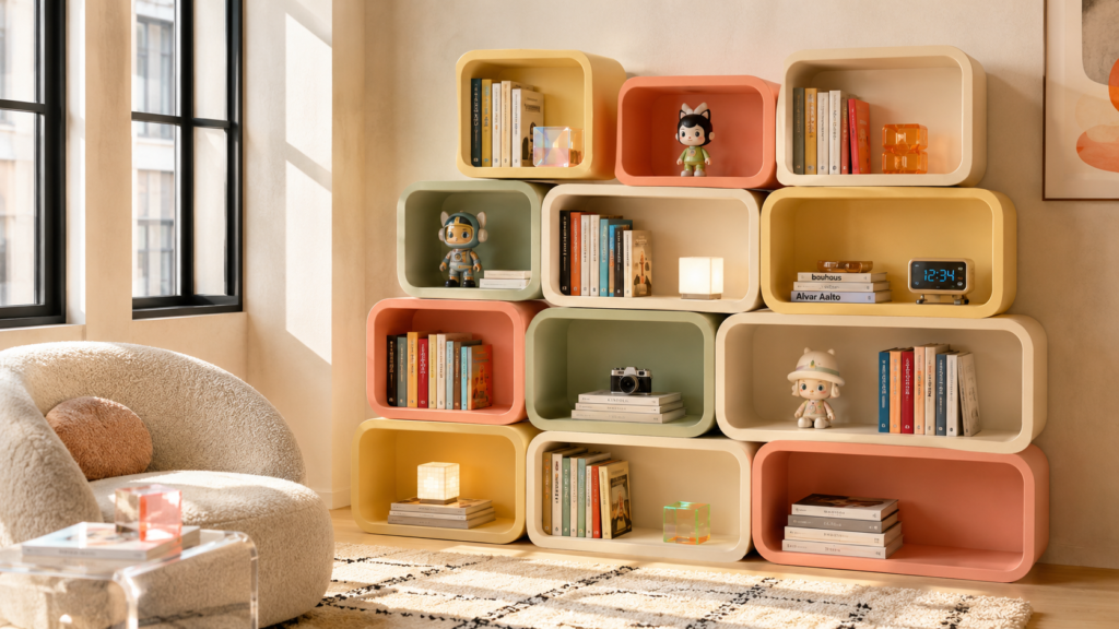 Stackable modular bookshelf creating a flexible and stylish Gen Z home library.