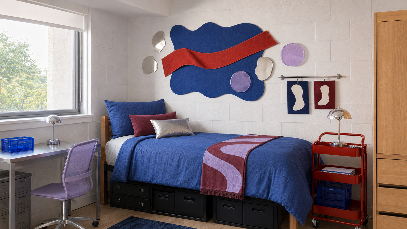 Stylish dorm room featuring colorful removable wall decor above a twin XL bed