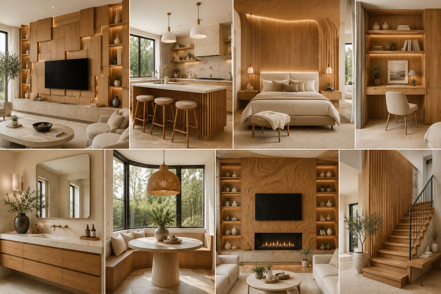 Luxury modern home showcasing warm wood decor ideas, including architectural oak walls, custom millwork, fluted wood details, and organic modern interiors.