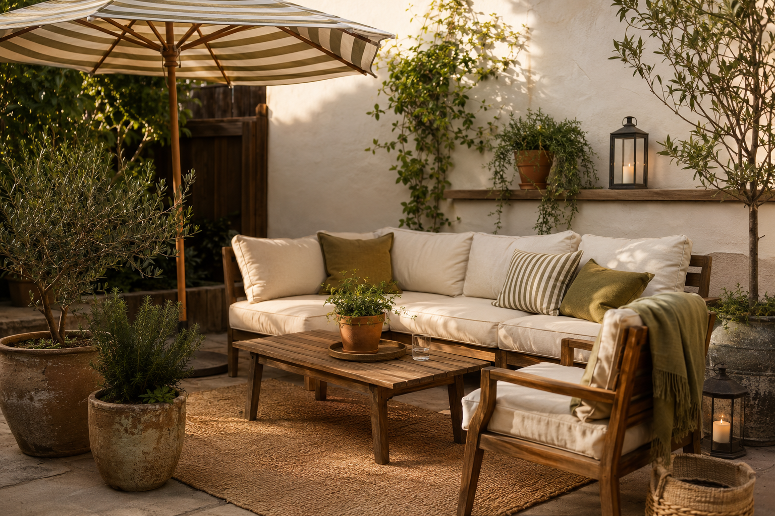 Stylish small summer patio with cream cushions, olive accents, planters, a striped umbrella, and affordable wood furniture.