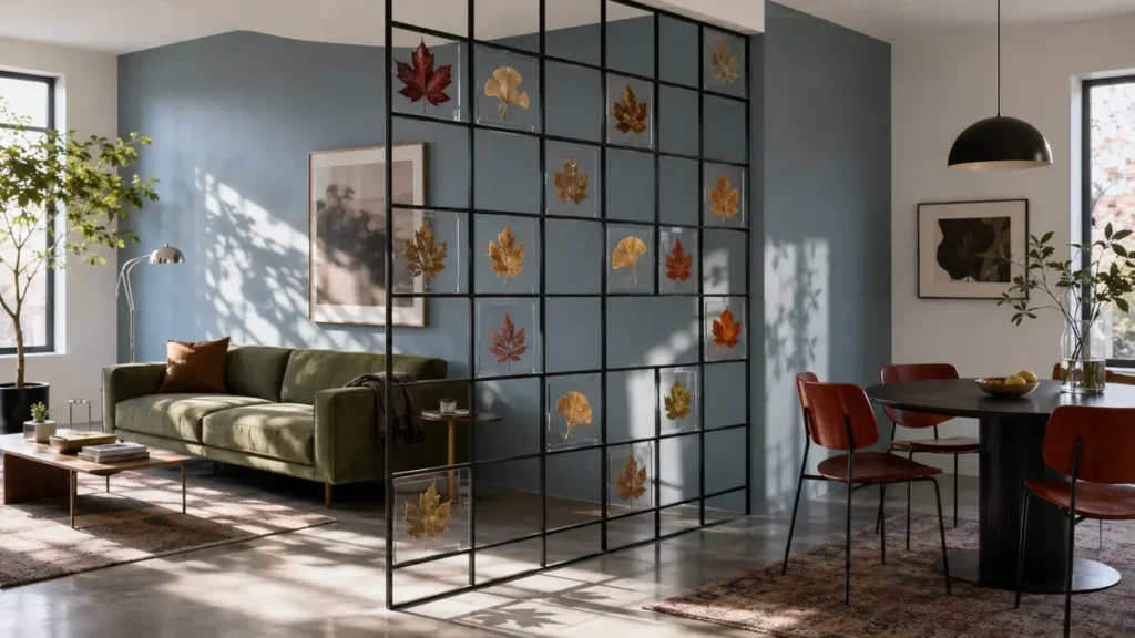 pressed-leaf-translucent-room-divider.webp — Black metal room divider decorated with translucent pressed autumn leaves in a modern apartment