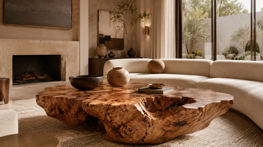 Sculptural burl wood coffee table styled in a luxury contemporary living room.
