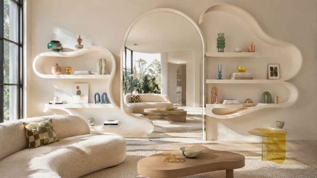 Arched mirror surrounded by a sculptural wavy shelf filled with colorful curated decor in a modern Pinterest living room.