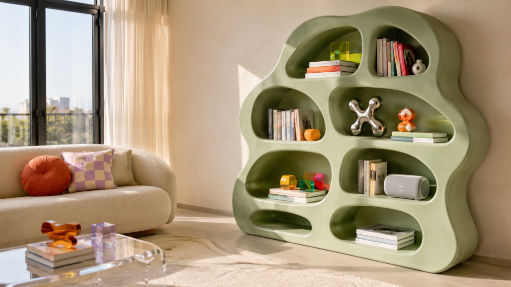 Blob-shaped designer bookshelf styled with books in a contemporary Gen Z apartment.