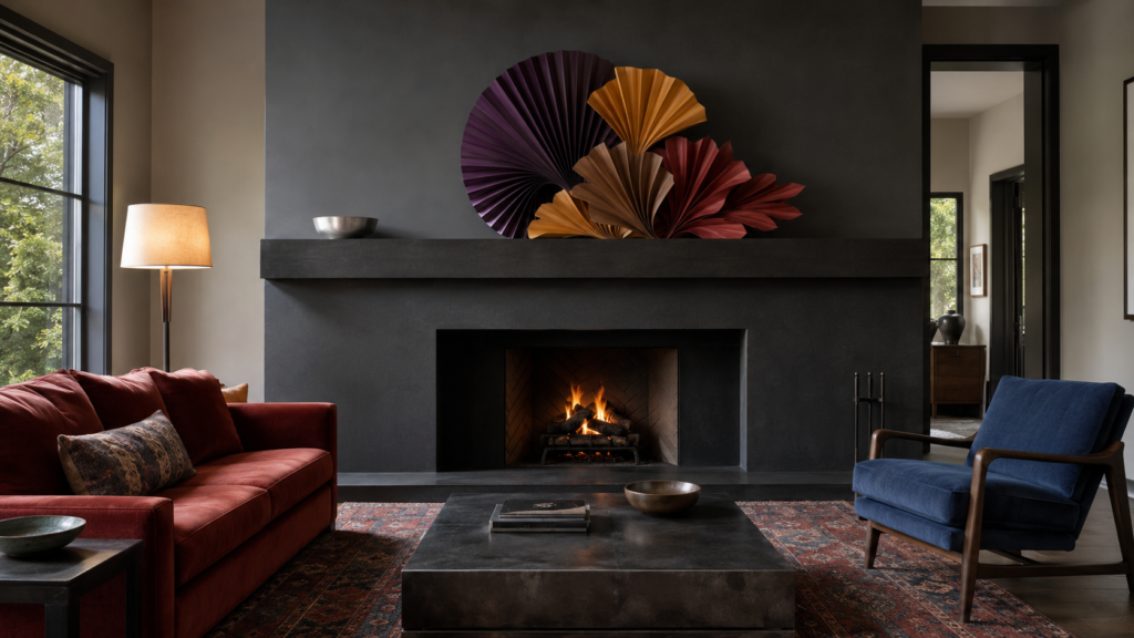 pleated-paper-fall-mantel-sculpture.webp — Oversized pleated paper foliage sculpture decorating a colorful modern fireplace mantel for fall