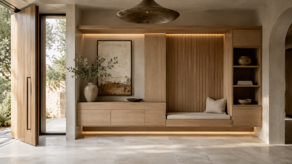 Floating white oak entry wall with integrated bench and concealed storage.