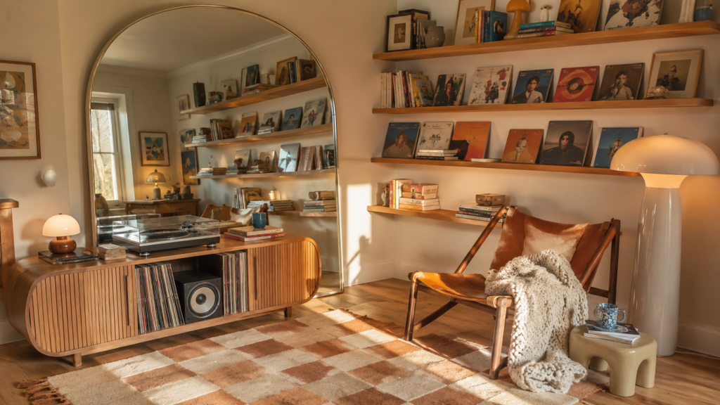 Oversized arched mirror styled behind a modern record cabinet in a cozy vinyl and reading corner.