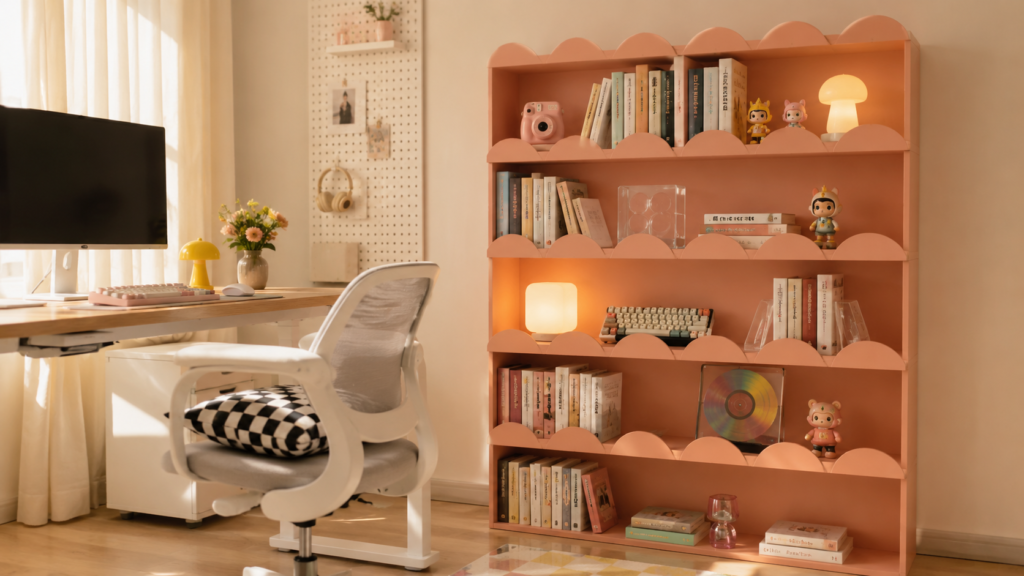 Scalloped bookshelf creating stylish storage in a modern Gen Z home office.