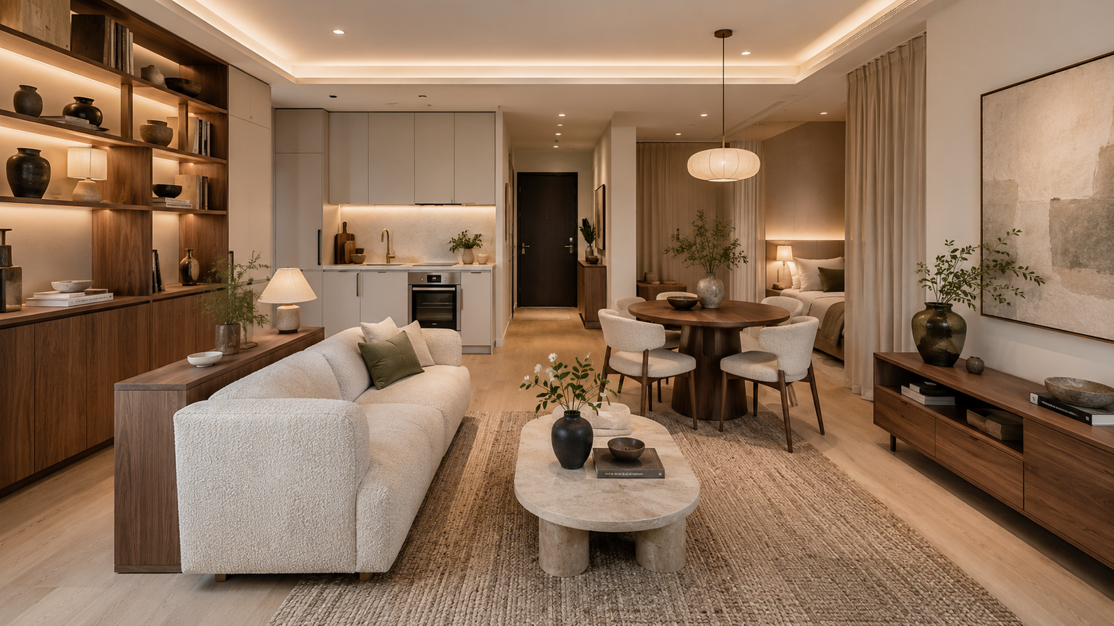 Beautifully designed 400 sq ft apartment showcasing smart layout, hidden storage, and luxury small-space decorating ideas