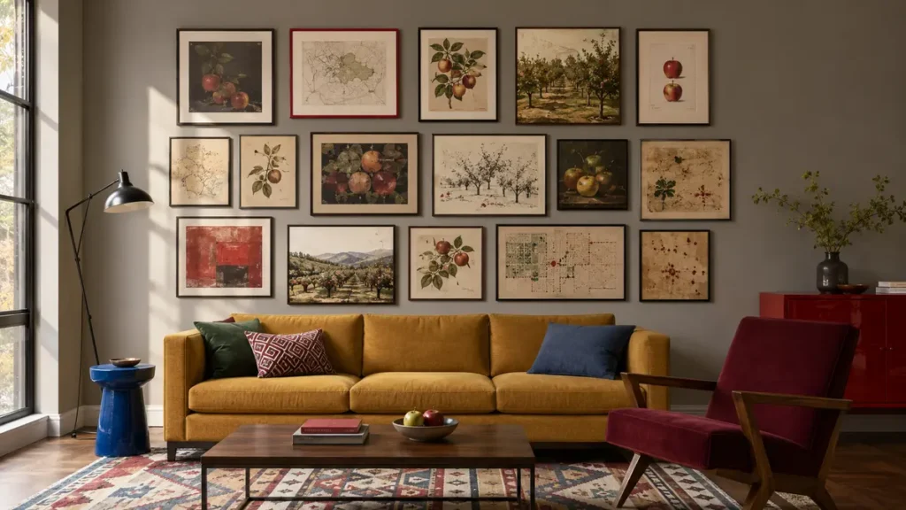 modern-orchard-archive-gallery-wall.webp — Modern living room featuring a curated gallery wall of orchard maps and botanical fruit artwork
