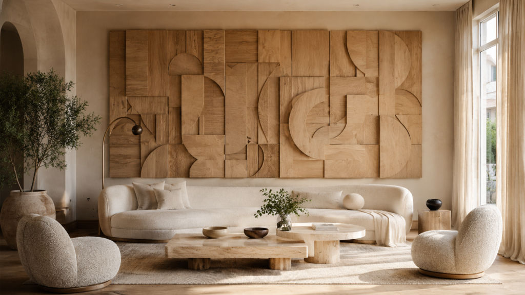 Large sculptural wood wall art installation in a modern luxury living room.