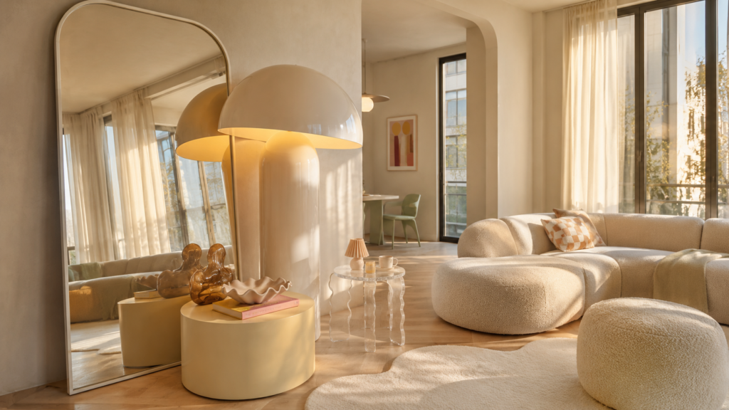 Oversized arched mirror paired with a sculptural mushroom floor lamp in a bright modern Gen Z living room with playful Pinterest-inspired styling.