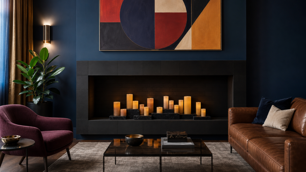 beeswax-column-fireplace-installation.webp — Nonworking black fireplace filled with graduated flameless beeswax columns for sophisticated fall decor