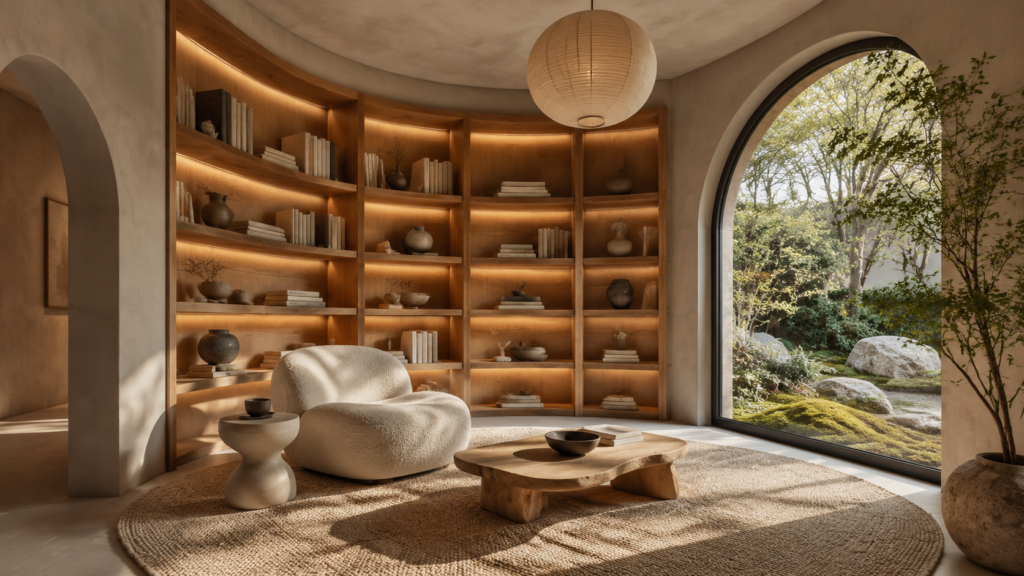 Curved white oak reading alcove with built-in shelving and a cozy lounge chair.