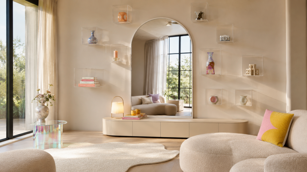 Oversized arched mirror surrounded by floating acrylic display cubes filled with curated collectibles in a stylish Gen Z living room.