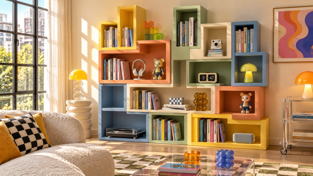 Colorful Tetris-inspired modular bookshelf bringing playful Gen Z style to a modern apartment.
