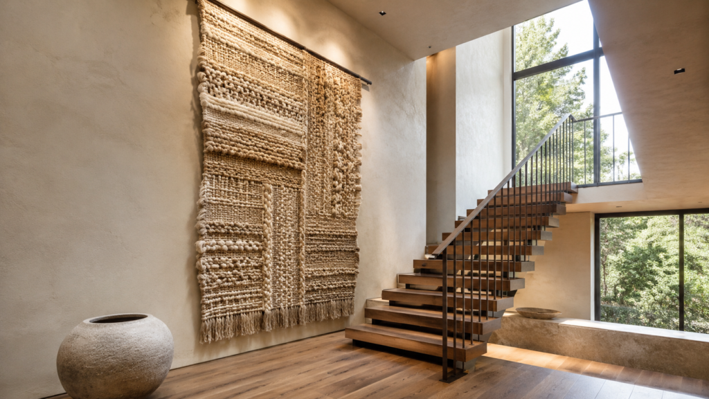 Oversized handwoven fiber wall panel adding rich texture beside a contemporary staircase.