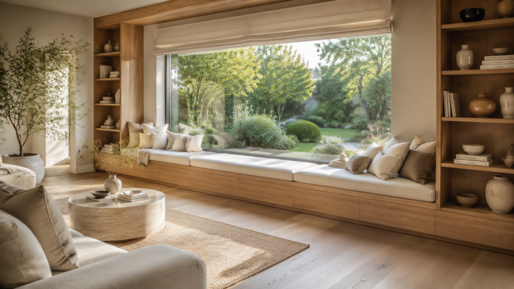 Custom built-in white oak window seat with hidden storage beneath a large picture window.