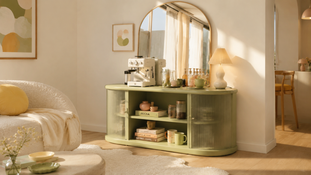 Arched mirror styled behind a pistachio coffee and matcha bar cabinet in a modern Pinterest-inspired living room.
