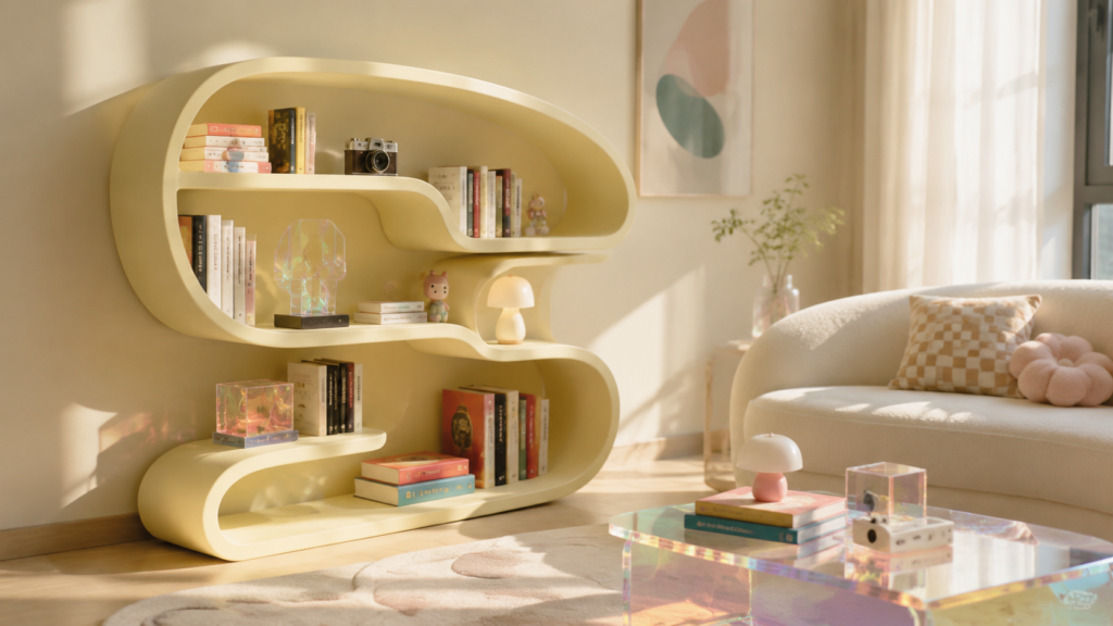 S-curve bookshelf creating a sculptural focal point in a stylish living room.