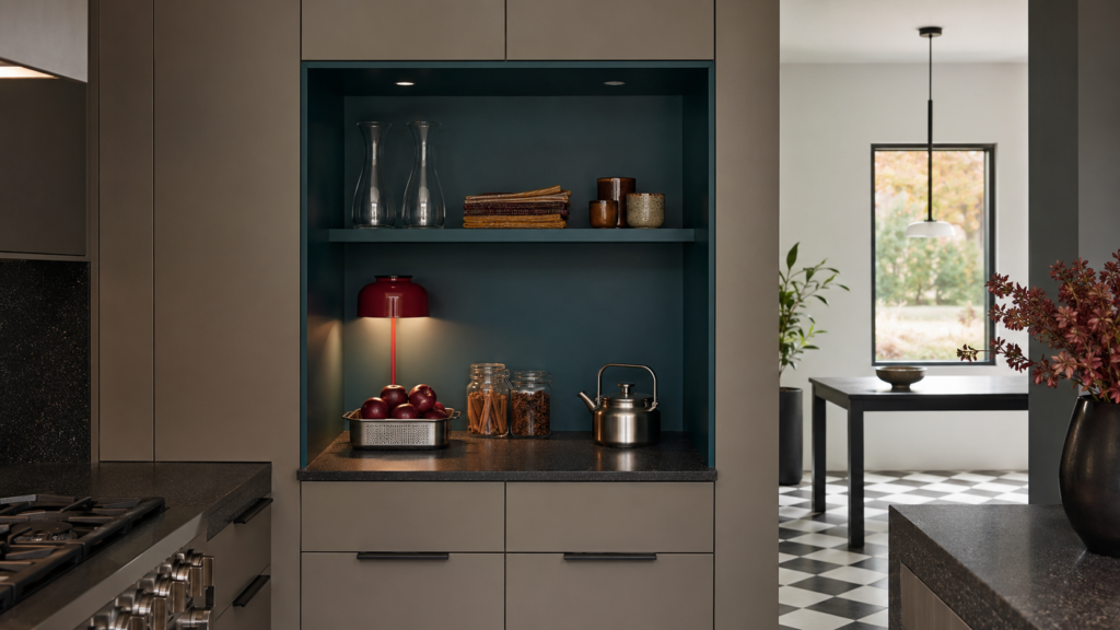modern-fall-cider-pantry-niche.webp — Deep teal kitchen niche styled as a functional modern cider station for fall