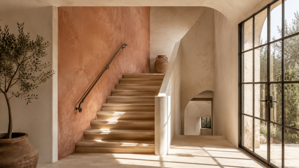 Soft limewashed color block creating a handcrafted architectural accent on a staircase wall.