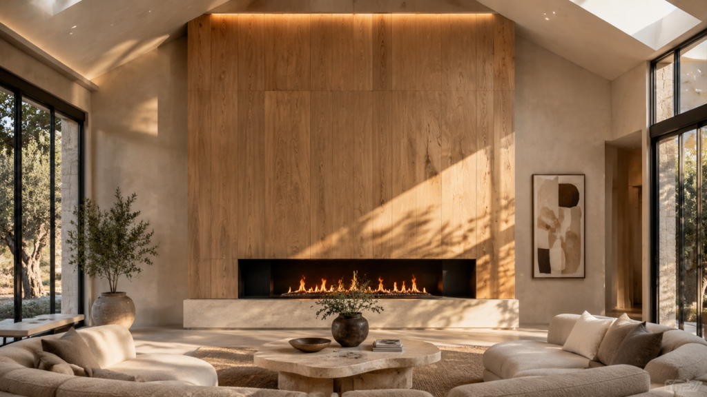 Floor-to-ceiling white oak fireplace wall with a modern linear fireplace.