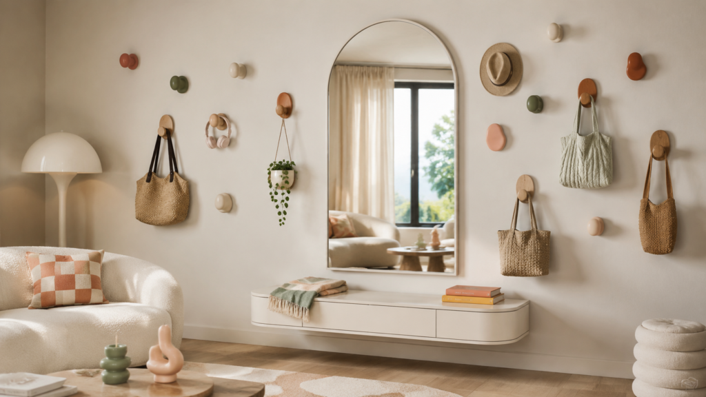 Oversized arched mirror surrounded by colorful sculptural wall hooks in a playful modern living room.