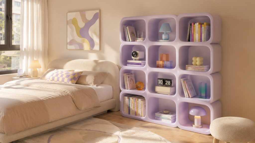 Rounded cube bookshelf beside a modern bed with colorful Gen Z styling.