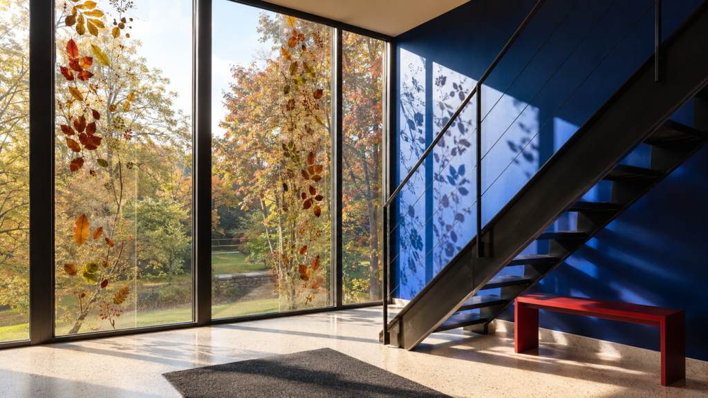 translucent-autumn-window-panels.webp — Sunny modern stair landing featuring translucent window panels filled with pressed autumn leaves