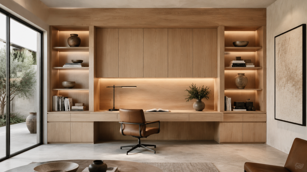 Custom white oak home office wall with floating desk and built-in storage.