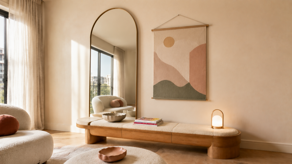 Layered arched mirror and oversized woven textile wall art in a cozy Pinterest-style living room.