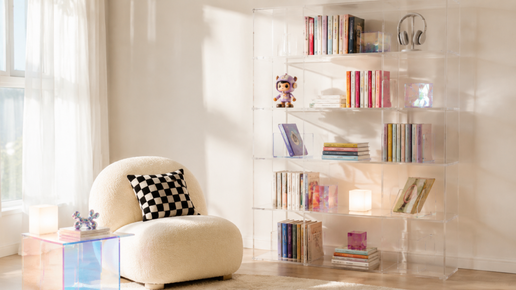 Transparent acrylic bookshelf creating a bright and airy apartment reading corner.