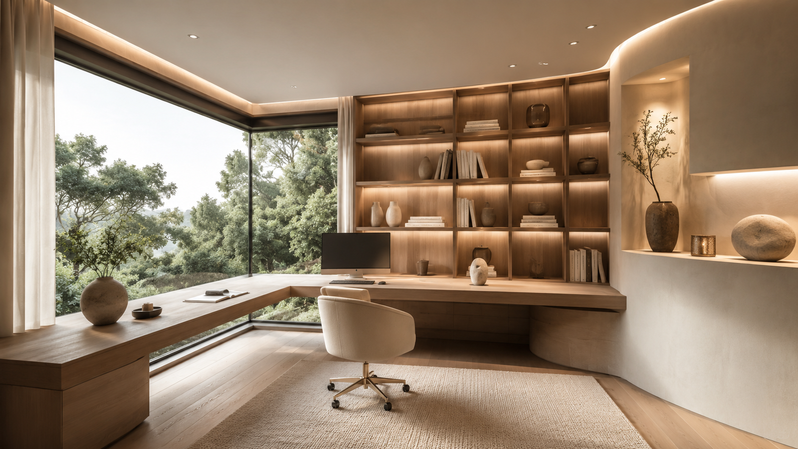 Luxury aesthetic minimal home office featuring multiple modern design trends including a floating oak desk, floor-to-ceiling library wall, corner window, and architectural lighting.
