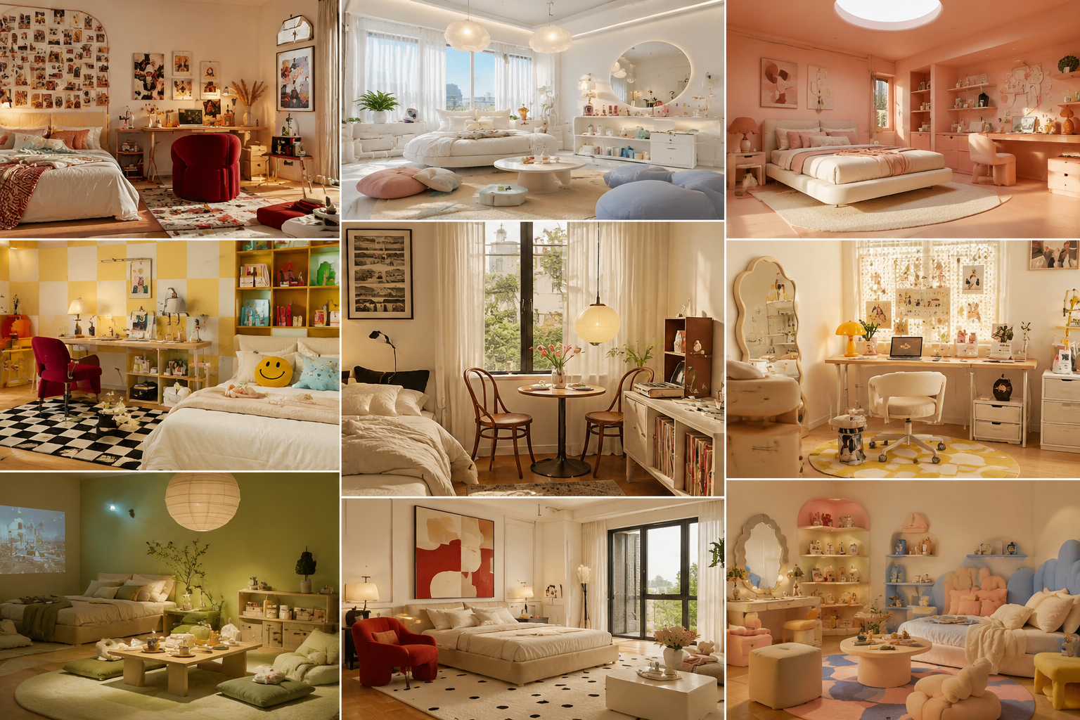 Collage of trendy Gen Z aesthetic bedroom ideas featuring colorful modern interiors and Pinterest-inspired décor