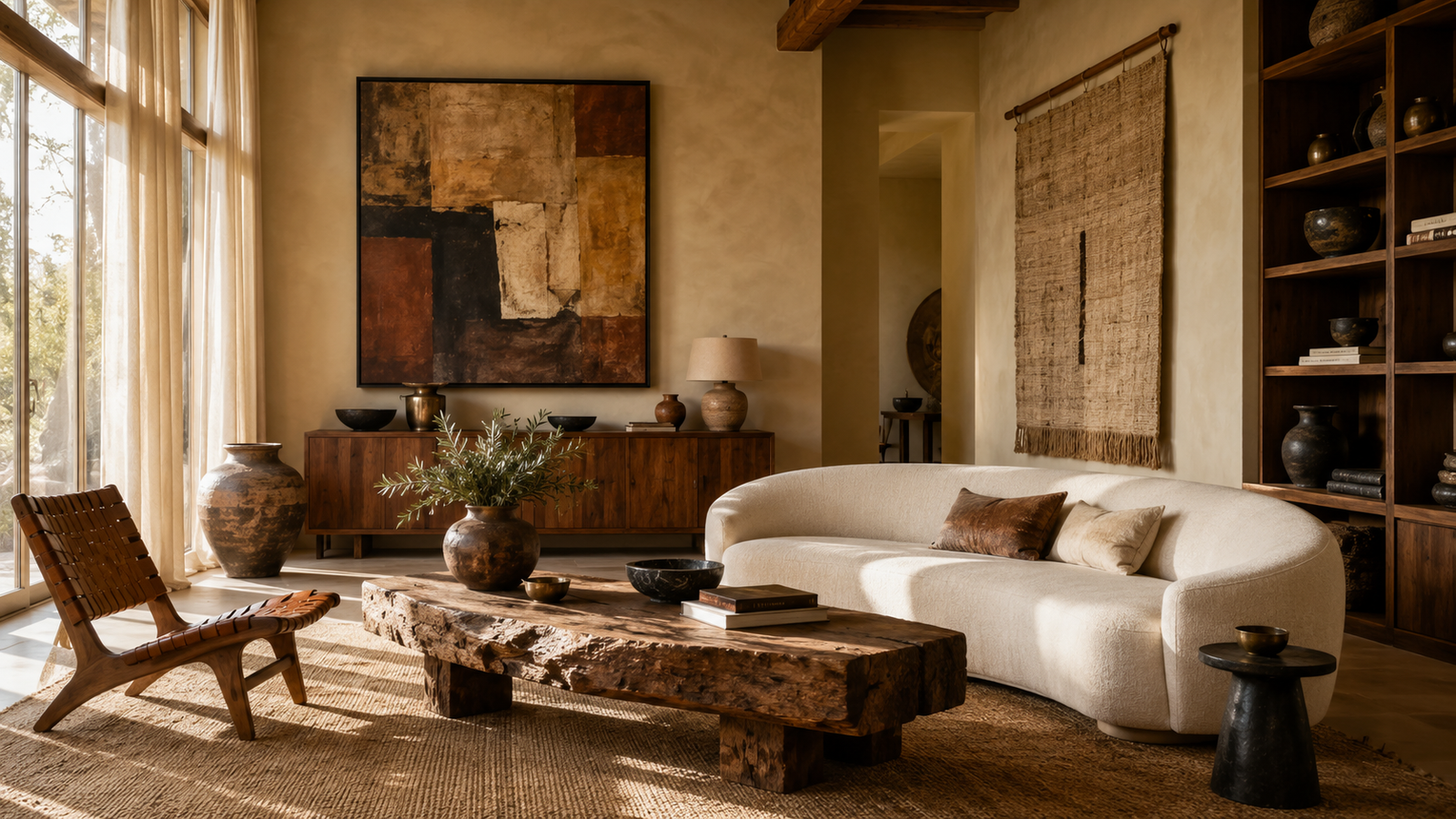 Luxury Afrohemian living room with handcrafted wood furniture, artisan textiles, earthy colors, layered natural materials, and museum-quality styling.