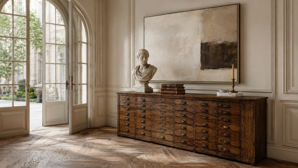 Antique French apothecary cabinet styled as an elegant entryway console.