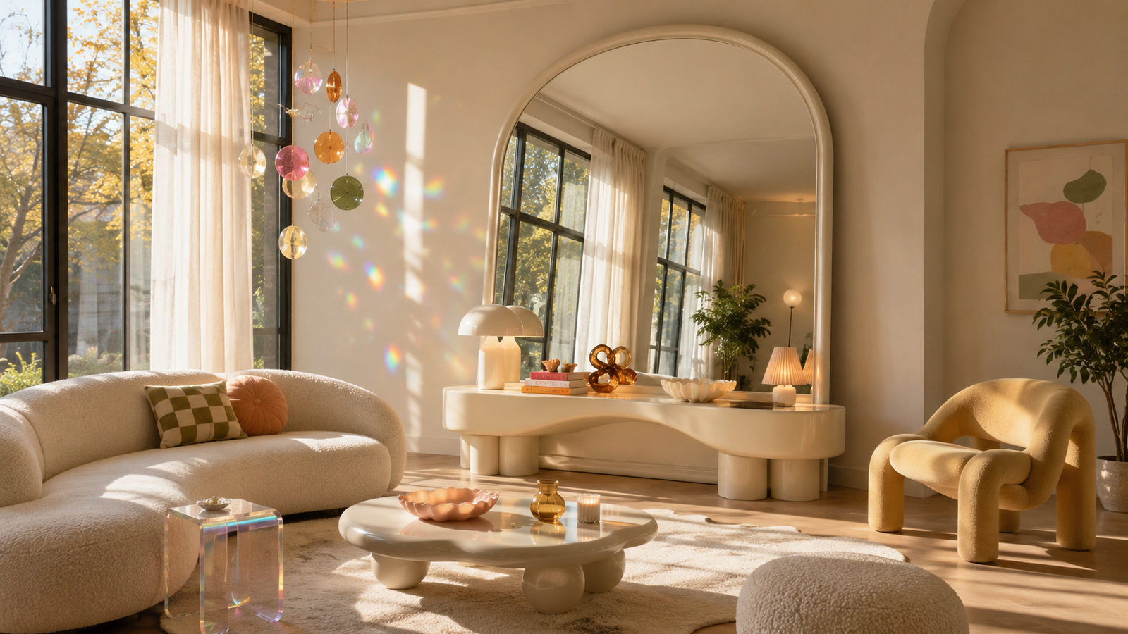 Modern Pinterest-inspired living room featuring an oversized arched mirror styled with sculptural furniture, colorful contemporary decor, and warm natural light.