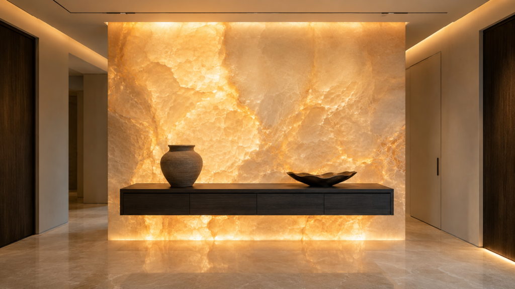 Floating black oak console positioned before a glowing backlit onyx wall.