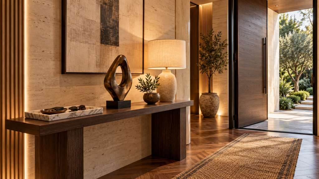 Boutique hotel-inspired entryway with a beautifully styled smoked oak console.