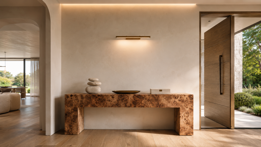 Luxury burl wood waterfall console with restrained sculptural styling.