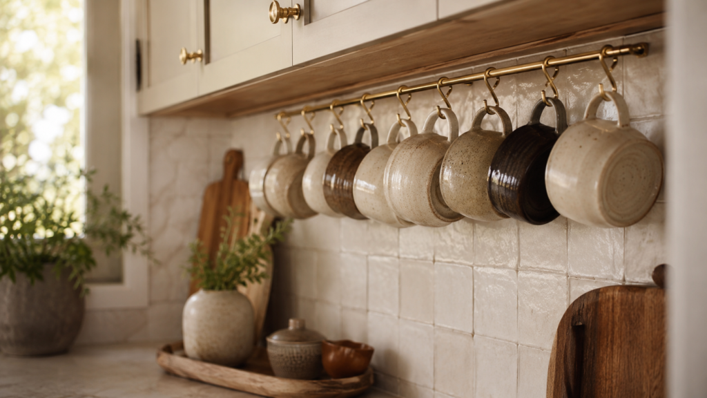 Café-style mug display with handcrafted ceramic mugs hanging from brushed brass hooks beneath upper cabinets in a small budget-friendly kitchen.