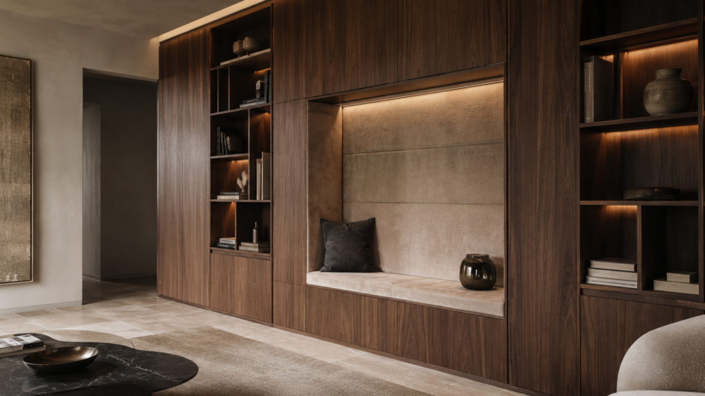 Full-height warm walnut cabinet wall with a recessed suede seating niche in a luxurious Neo Deco living library interior.