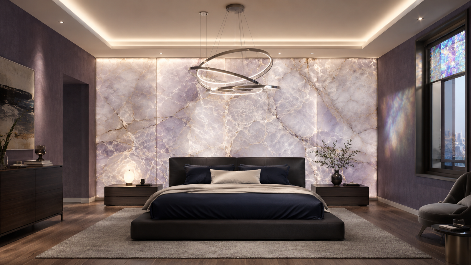 Dreamy celestial bedroom with a glowing moonstone wall, orbit chandelier, and subtle iridescent details.