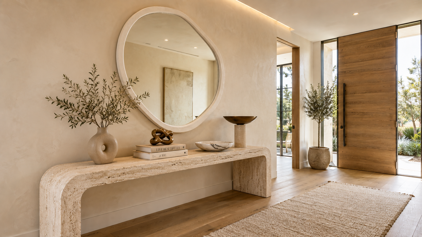 Luxury entryway featuring a beautifully styled console table with layered designer decor.