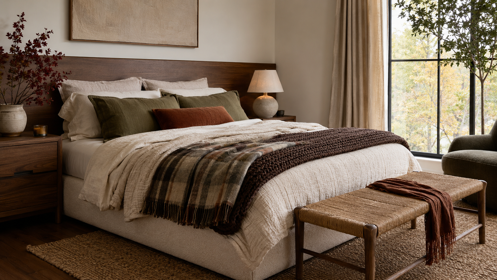 Modern fall bedroom with an aubergine upholstered wall ledge and layered neutral bedding