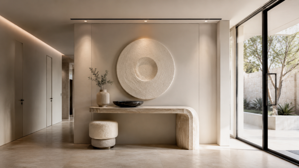 Curved travertine console paired with sculptural circular wall art.