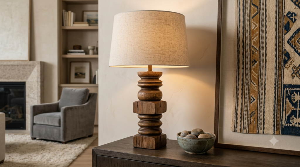 Oversized turned-wood table lamp with a wide linen shade on a dark oak console. 

