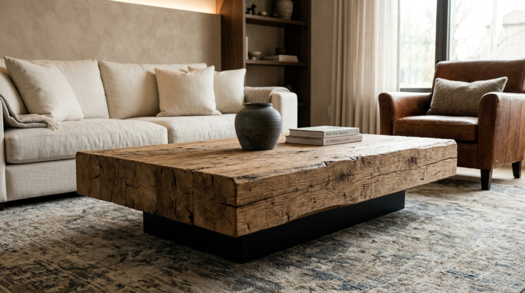 Thick reclaimed wood coffee table with a hidden recessed black base. 


